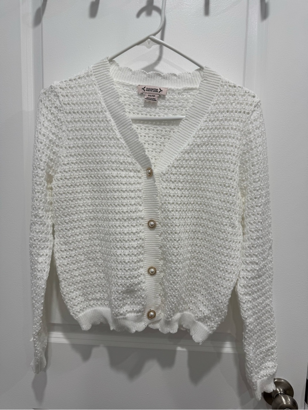 Nanette Nanette Lepore White Pointelle Knit Cardigan Pearl Buttons XS